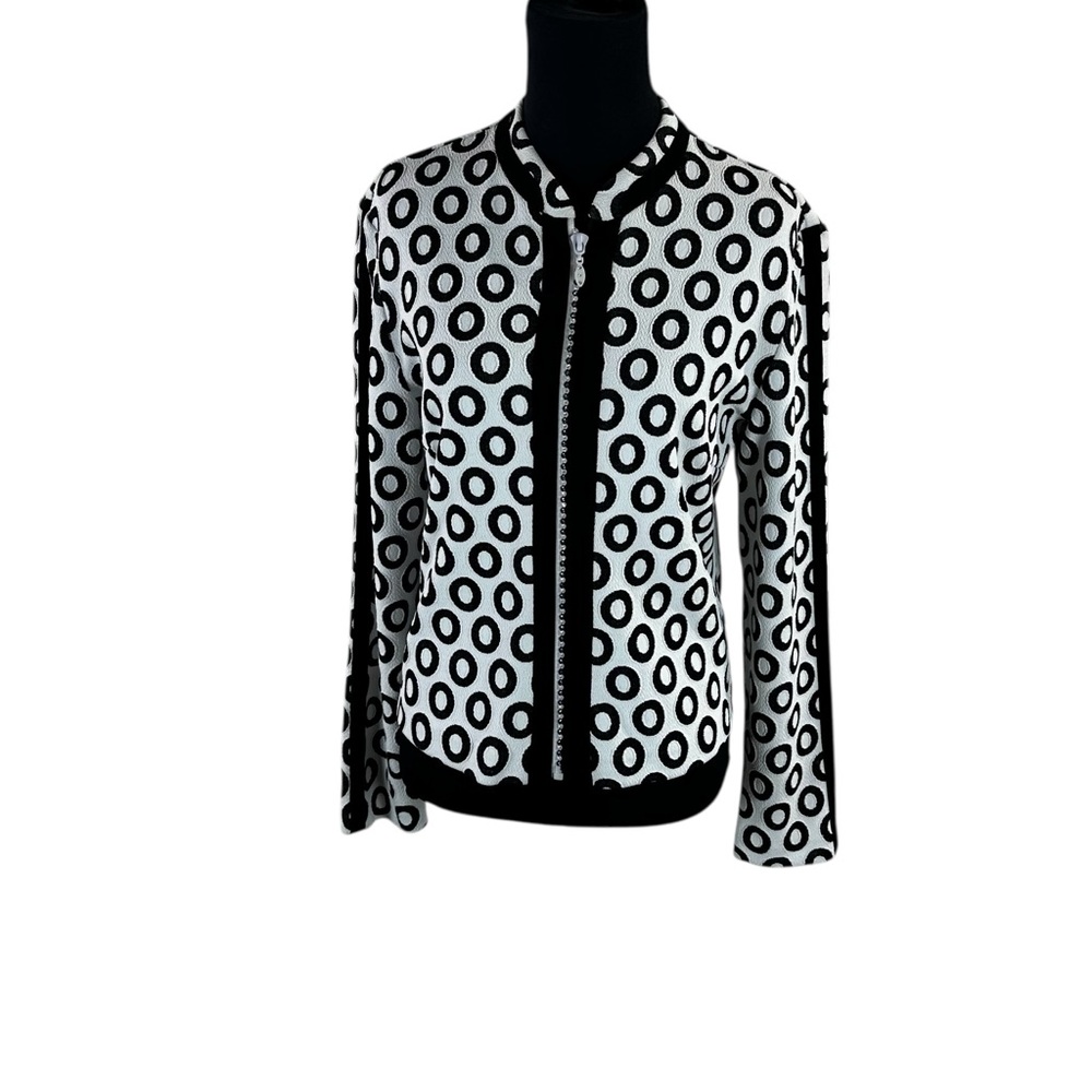 Vintage Joseph Ribkoff Black & White Circle Print Zip Jacket – Art Deco Mod Chic